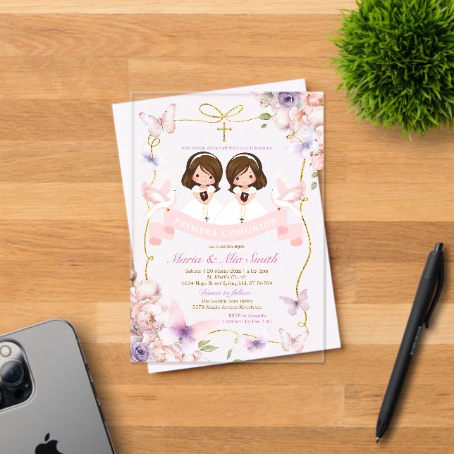Pink & Purple Twin Girl Bible Primera Comunión Acrylic Invitations (Insitu (Invitation Card))