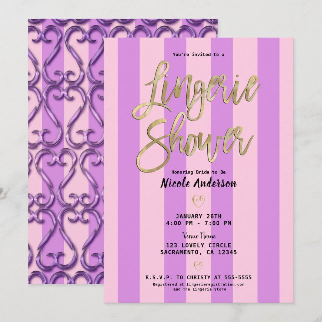 Pink Purple Twisted Hearts Chic Lingerie Shower  Invitation (Front/Back)