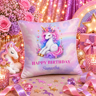 Pink Purple Unicorn Birthday Girl Rainbow Pillow G