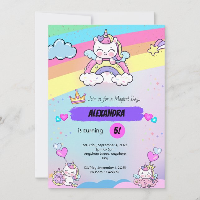 pink purple unicorn birthday invitation (Front)