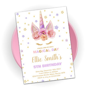 Pink Purple Unicorn Birthday Invitations
