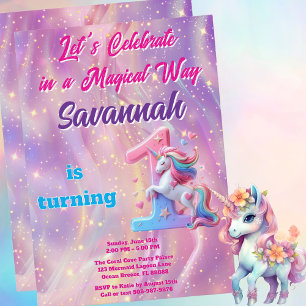 Pink Purple Unicorn First Birthday Invitation