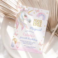 Pink Purple Unicorn Four Ever Magical 4th Birthday