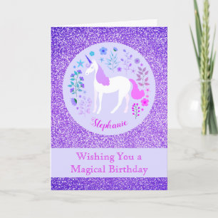 Pink Purple Unicorn Glitter Happy Birthday Card