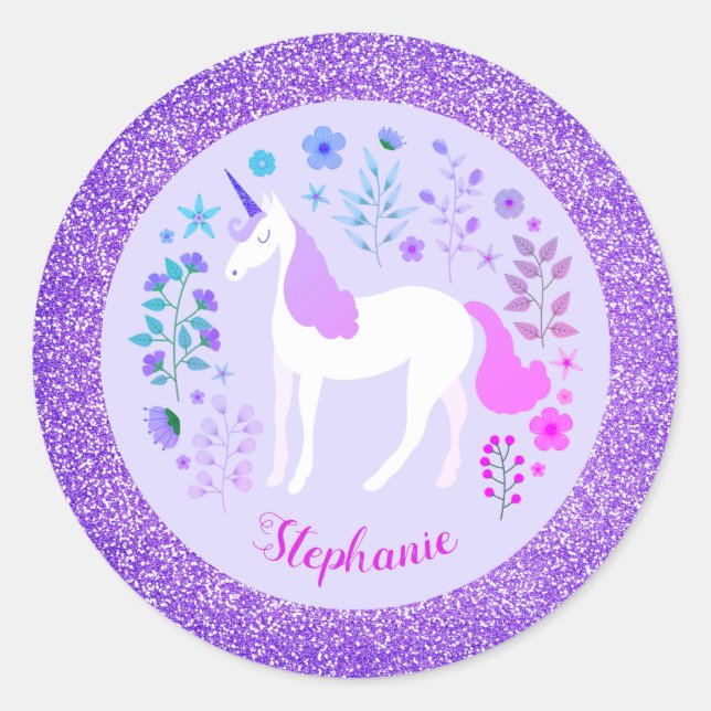 Pink Purple Unicorn Glitter Personalised Classic Round Sticker (Front)