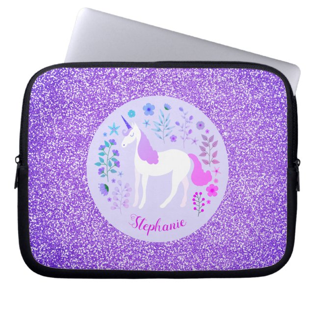 Pink Purple Unicorn Glitter Personalised Laptop Sleeve (Front)