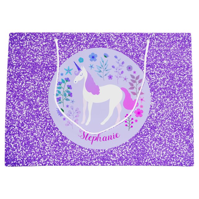Pink Purple Unicorn Glitter Personalised Large Gift Bag (Front)