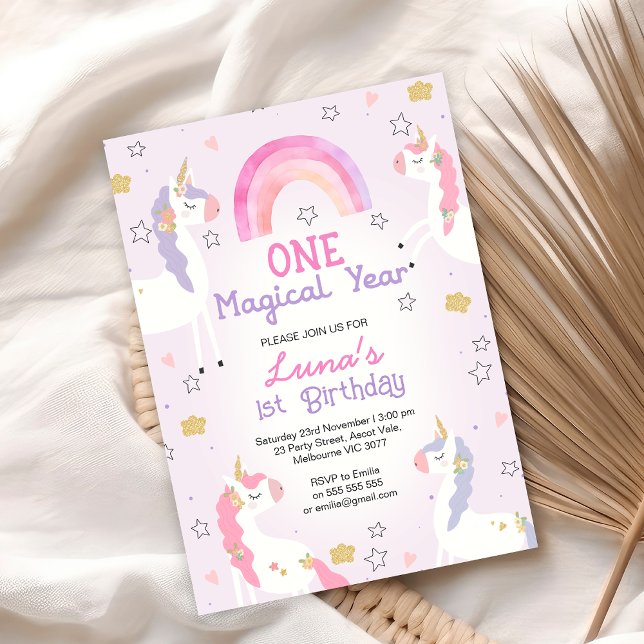 Pink Purple Unicorn One Magical Year 1st Birthday  Invitation (Girls One magical Year Unicorn 1st Birthday Invitation Rainbow Pink Purple Unicorn First Birthday)