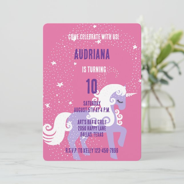 Pink Purple Unicorn Stars Birthday Invitation (Standing Front)