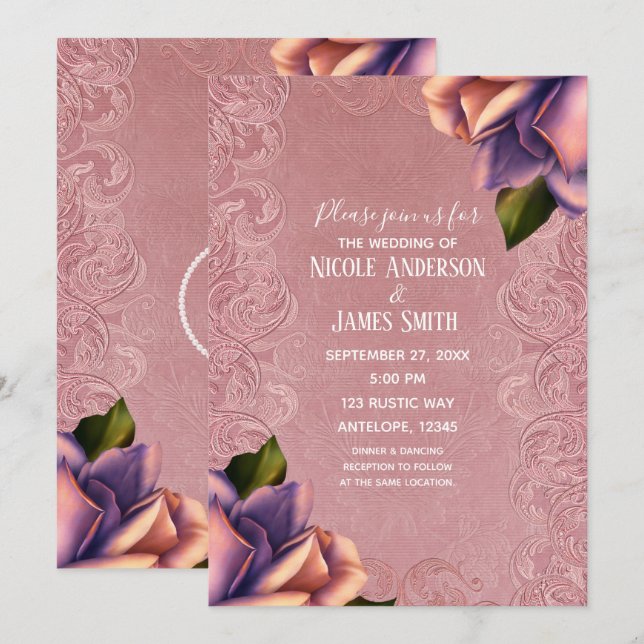 Pink Purple Vintage Antique Rose Elegant Wedding Invitation (Front/Back)