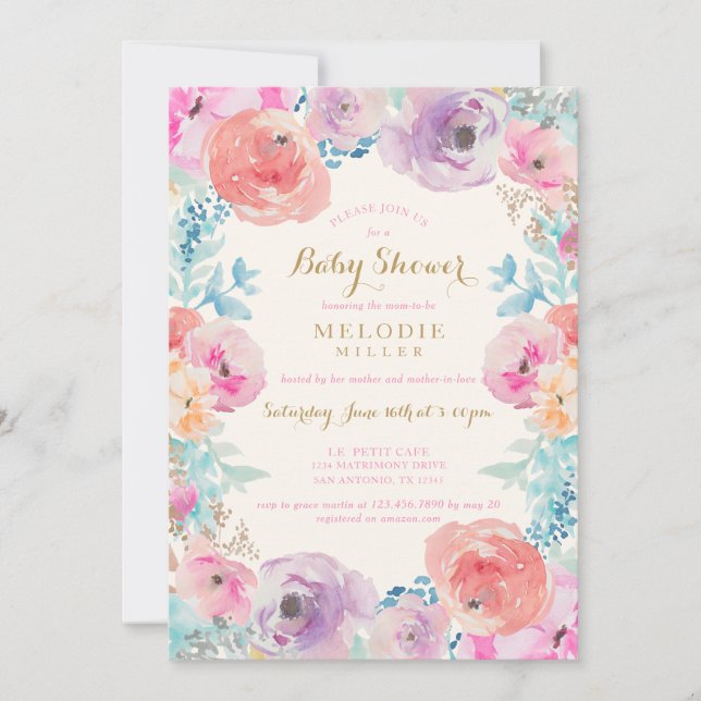 Pink Purple Vintage Floral Baby Shower Invitation (Front)