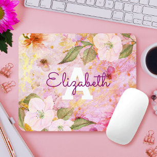Pink purple vintage floral watercolor monogram mouse mat