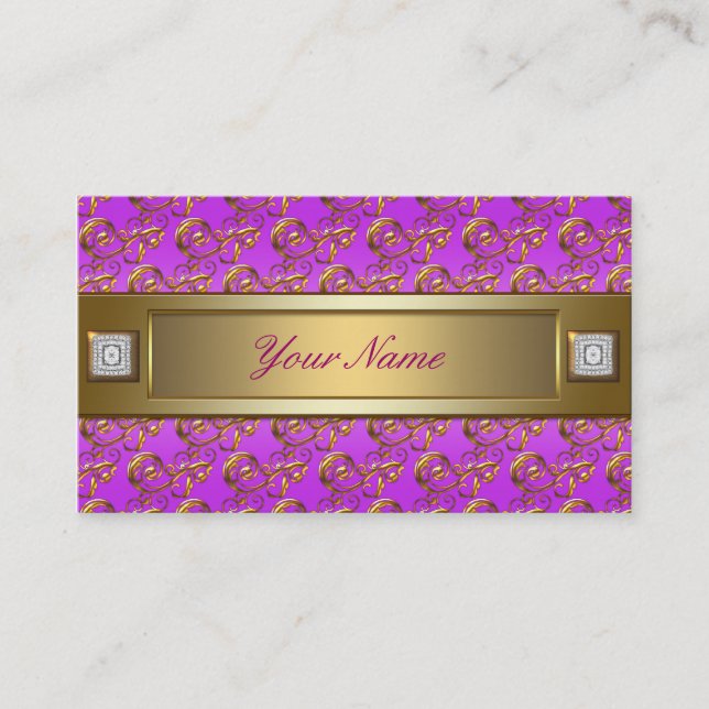 Pink Purple Violet Gold Swirls Elegant Business Card (Front)