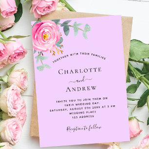 Pink purple violet rose greenery luxury wedding invitation
