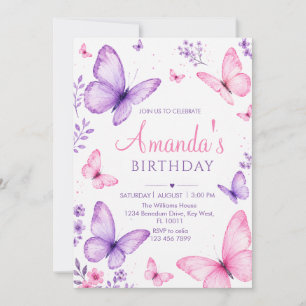 Pink Purple Watercolor Butterfly Birthday Invitation