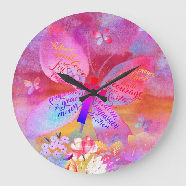 pink purple watercolor butterfly cross large clock (Front)