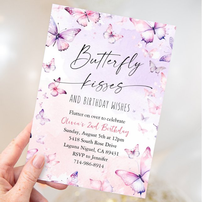 Pink Purple Watercolor Butterfly Kisses Birthday  Invitation (Creator Uploaded)