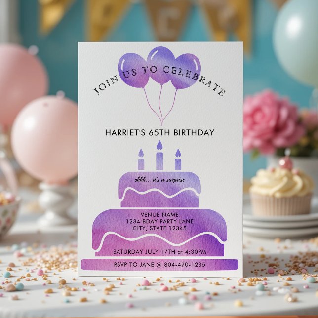 Pink Purple Watercolor Cake Balloons 65th Birthday Invitation (Creator Uploaded)