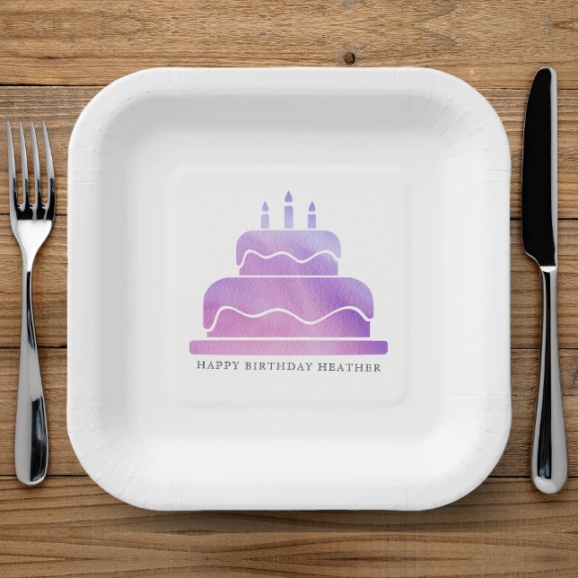 Pink & Purple Watercolor Cake Happy Birthday Paper Plate (Pink & Purple Watercolor Cake Happy Birthday Paper Plates
)