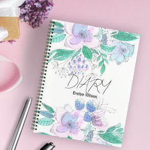 Pink Purple Watercolor Doodle Blossoms and Leaves  Notebook