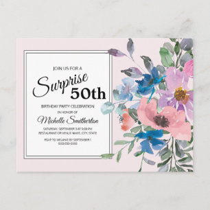 Pink Purple Watercolor Floral 50th Birthday Party Postcard