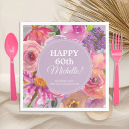 Pink Purple Watercolor Floral 60th Birthday Napkin