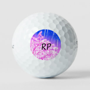 Pink purple watercolor floral add monogram title  golf balls