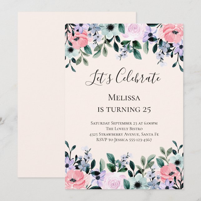 Pink & Purple Watercolor Floral Border Birthday Invitation (Front/Back)