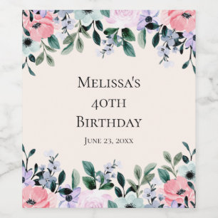 Pink & Purple Watercolor Floral Border Birthday Wine Label