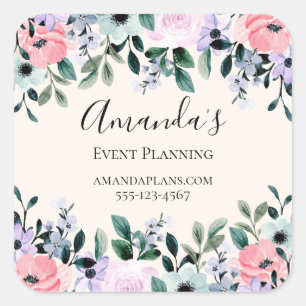 Pink & Purple Watercolor Floral Border Business Square Sticker
