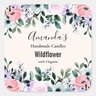 Pink & Purple Watercolor Floral Border Candle Square Sticker
