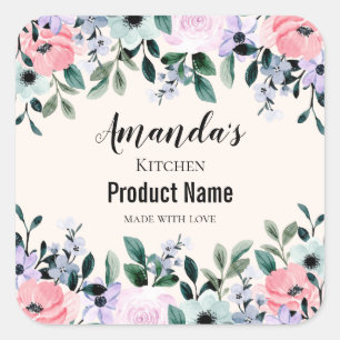 Pink & Purple Watercolor Floral Border Kitchen Square Sticker
