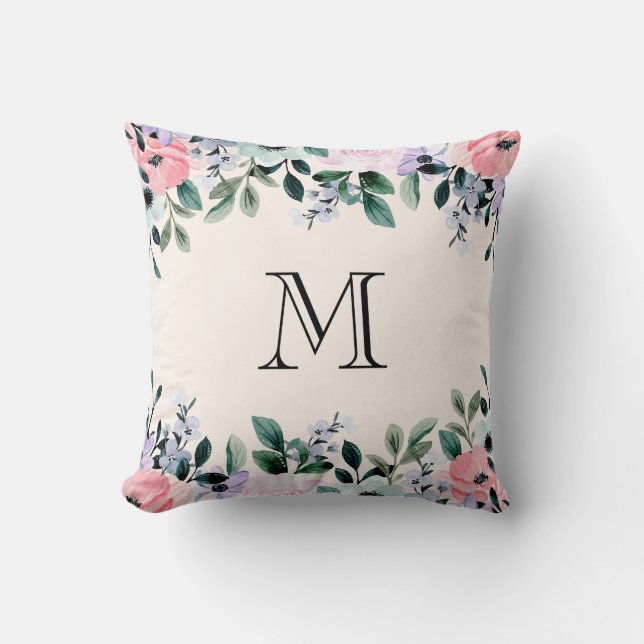 Pink & Purple Watercolor Floral Border Monogram Cushion (Front)