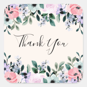 Pink & Purple Watercolor Floral Border Thank You Square Sticker