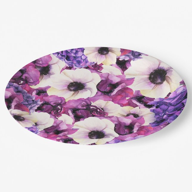 Pink & Purple Watercolor Floral Bridal Shower Paper Plate (Angled)