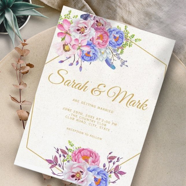 Pink Purple Watercolor Floral Frame Wedding  Invitation (Creator Uploaded)