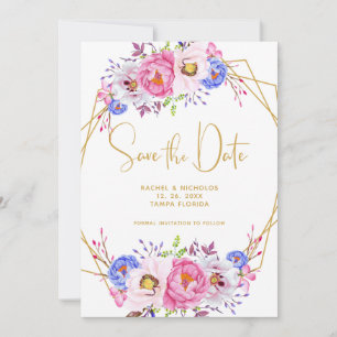 Pink Purple Watercolor Floral Frame Wedding Save The Date
