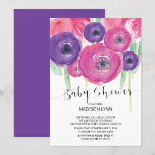 Pink Purple Watercolor Floral Girls Baby Shower Invitation