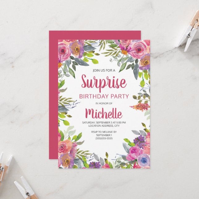 Pink Purple Watercolor Floral Greenery Birthday Invitation (Front/Back In Situ)