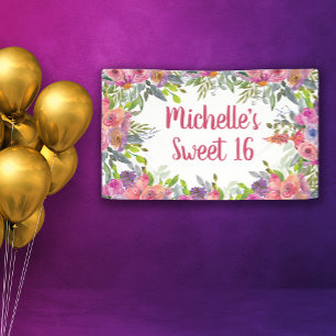 Pink Purple Watercolor Floral Greenery Sweet 16 Banner