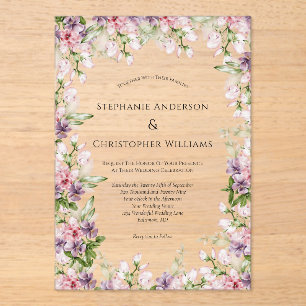Pink Purple Watercolor Floral Greenery Wedding Acrylic Invitations