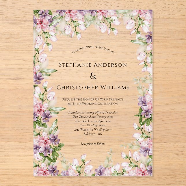 Pink Purple Watercolor Floral Greenery Wedding Acrylic Invitations (Front)