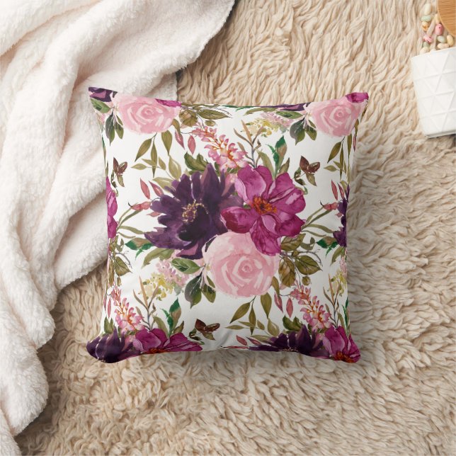 Pink Purple Watercolor Floral Greenery White Cushion (Blanket)