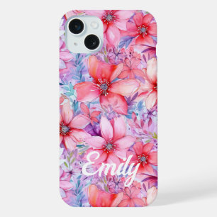 Pink Purple Watercolor Floral Personalised Name iPhone 15 Plus Case