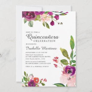 Pink Purple Watercolor Floral Quinceañera Invitation
