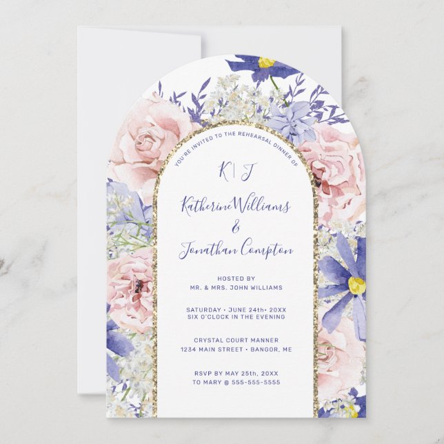 Pink Purple Watercolor Floral Rehearsal Dinner Invitation (Front)