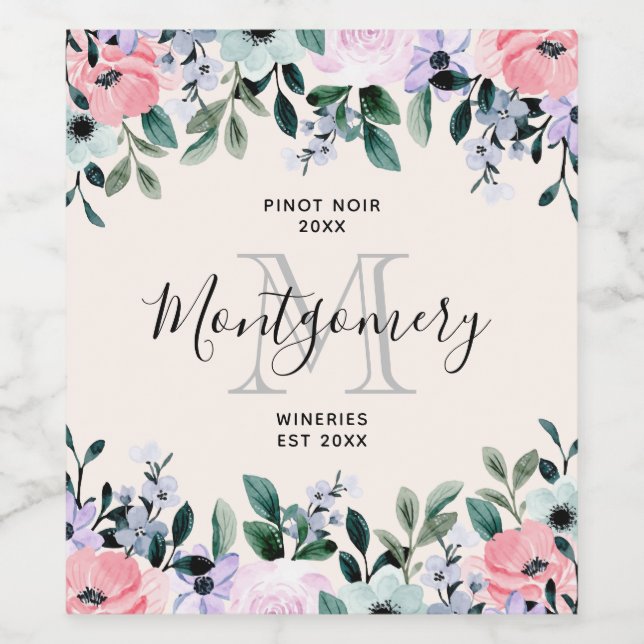  Pink & Purple Watercolor Floral Wine Making Label (Single Label)