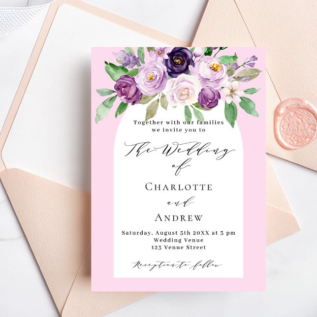 Pink purple watercolor florals arch luxury wedding invitation (Creator Uploaded)