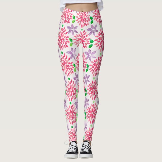 Pink & Purple Watercolor Flower Pattern Leggings (Front)