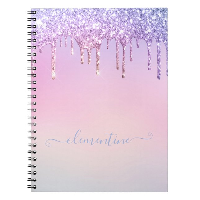 pink purple watercolor glitter girly personalised notebook (Front)